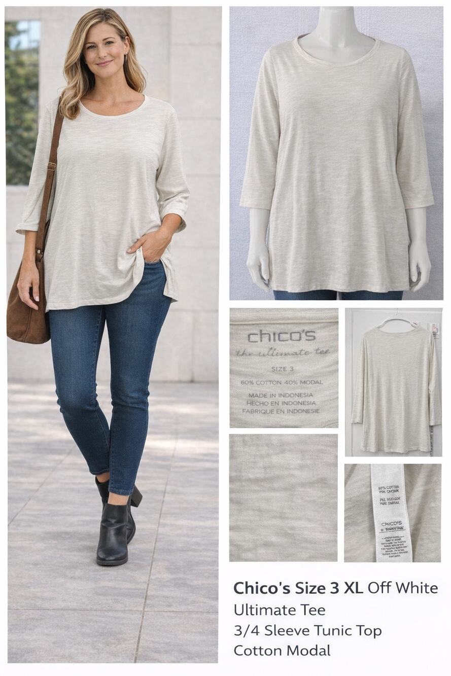 Chico’s Ultimate Tee Tunic Top Size 3 XL Off White 3/4 Sleeve Cotton Modal